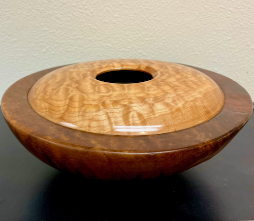 MH035 Vessel, Quilted Maple and Walnut $400 at Hunter Wolff Gallery